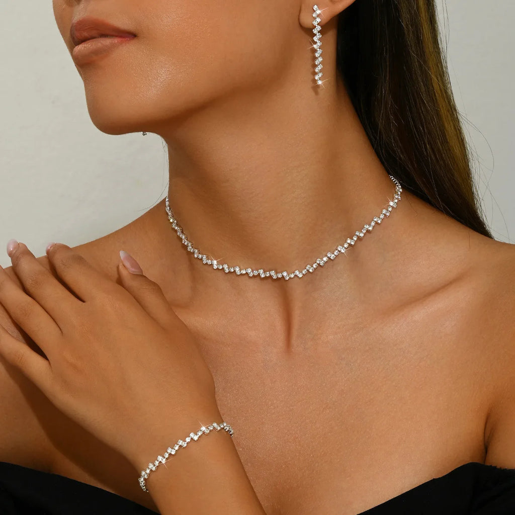 Sparkling Necklace Earrings Bracelet Jewelry Sets