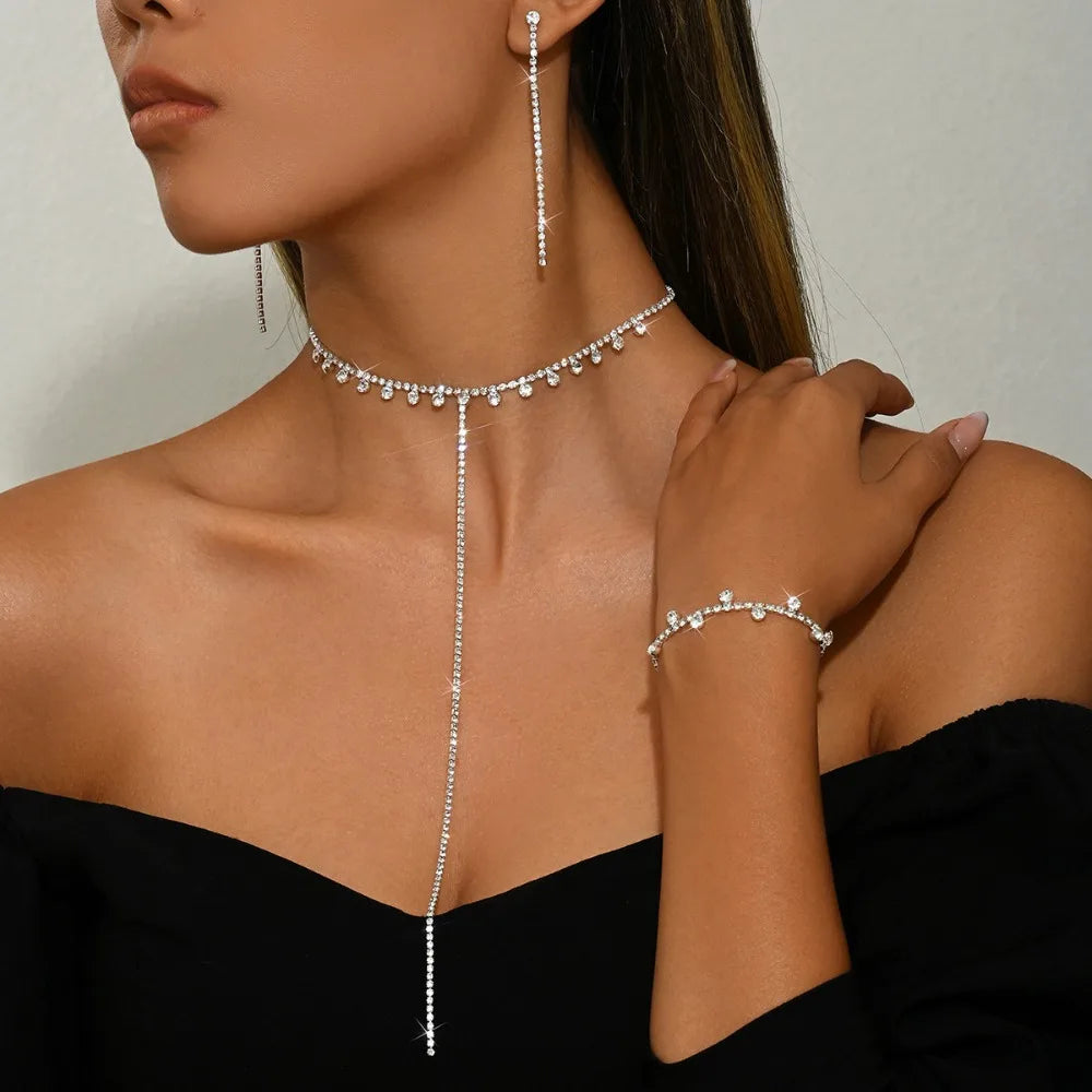 Sparkling Necklace Earrings Bracelet Jewelry Sets