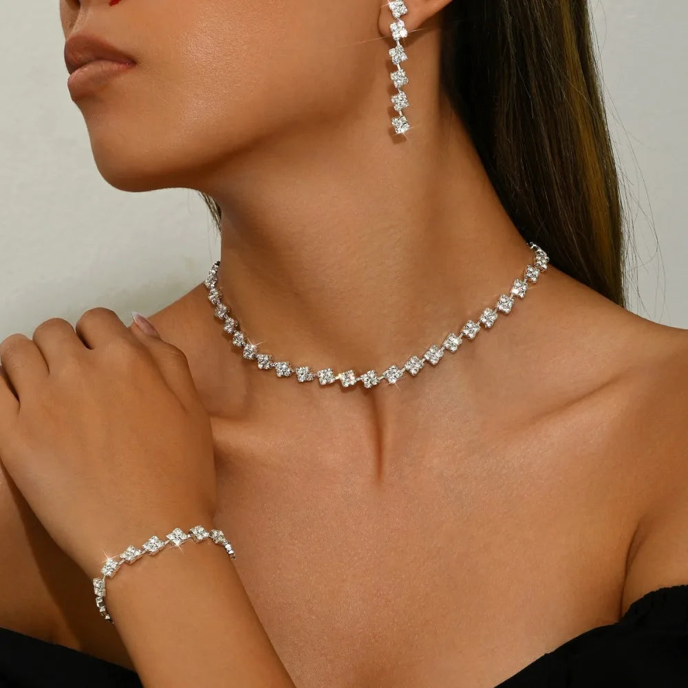 Sparkling Necklace Earrings Bracelet Jewelry Sets