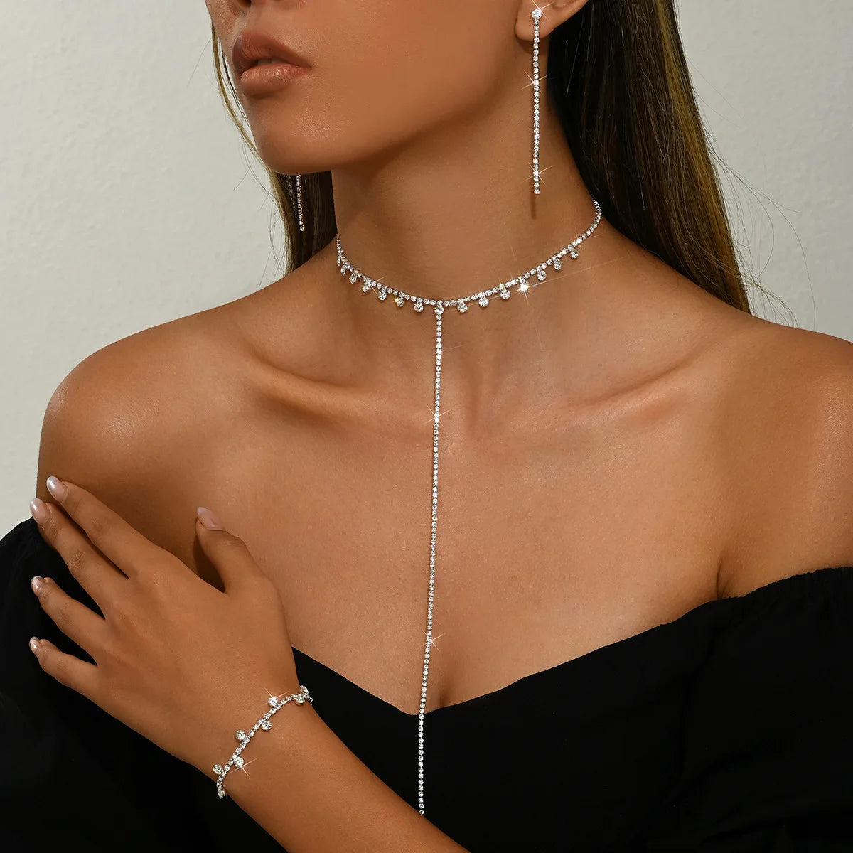 Sparkling Necklace Earrings Bracelet Jewelry Sets